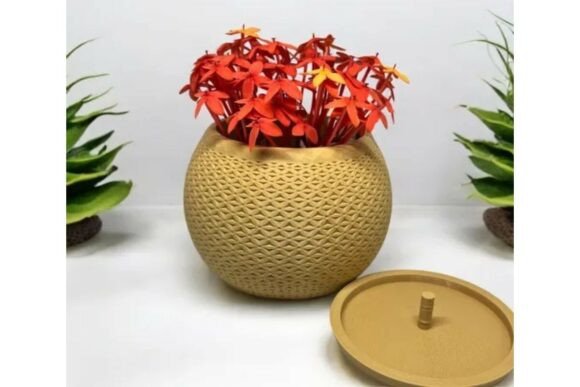 Textured Geometric Planter with Red Flowers
